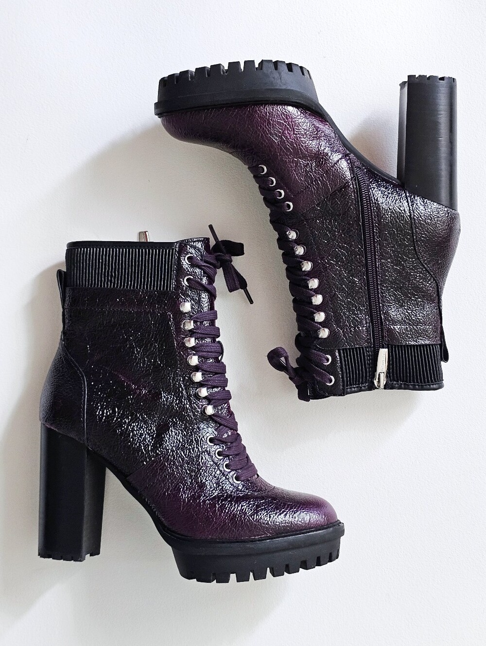 Vince Camuto Ermania Leather Combat  Platform Block Heel Ankle Boots Plum 8M